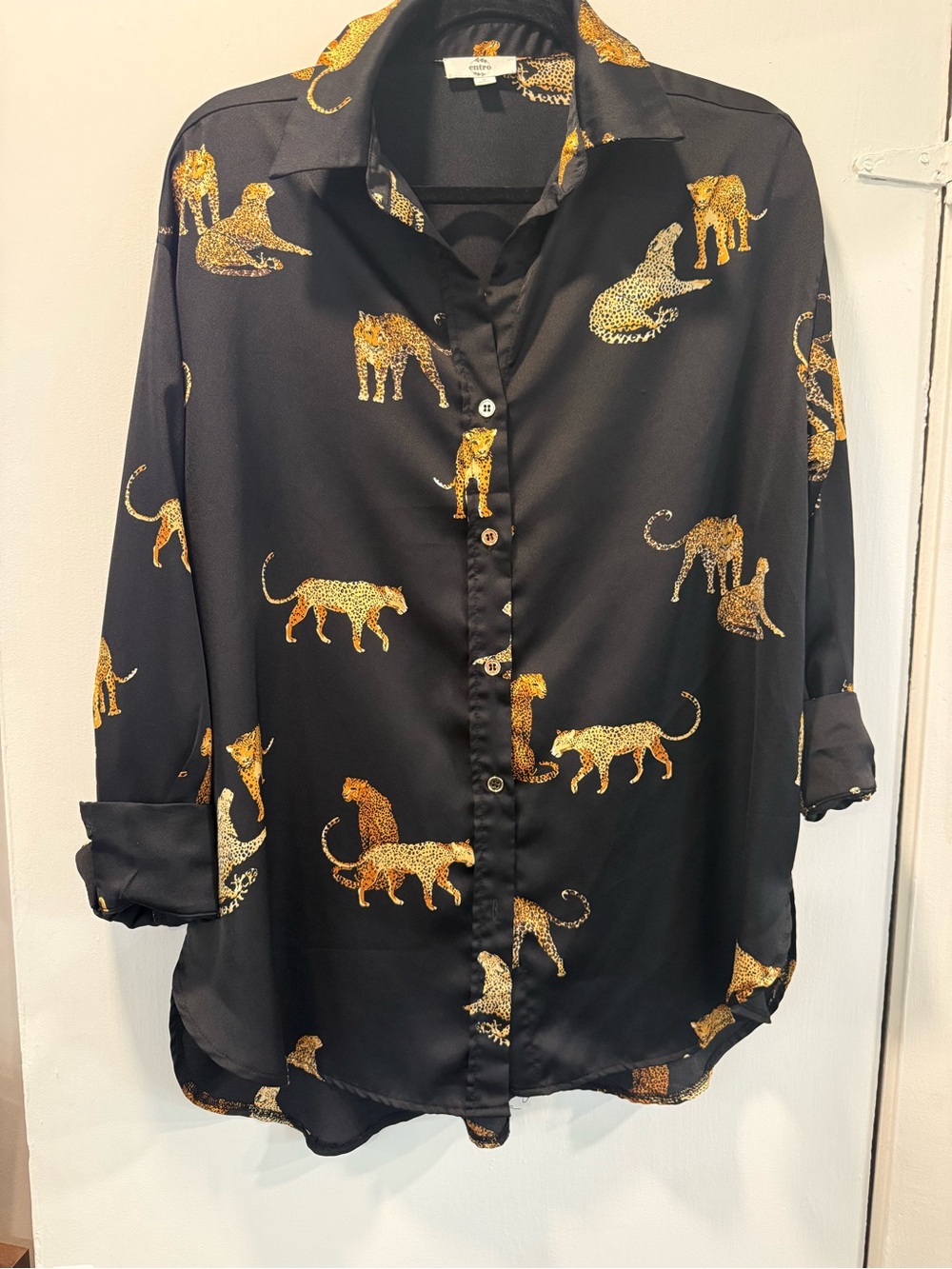Entro Black Satin Leopard Print Button-Up Shirt